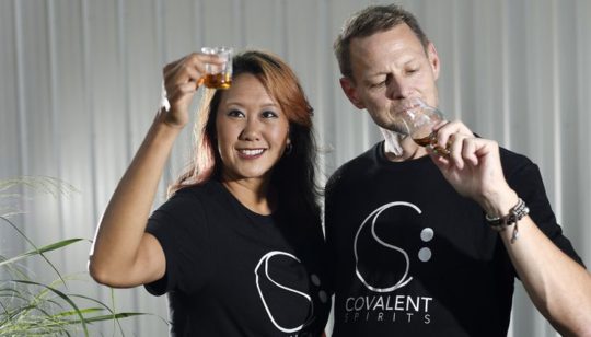 Covalent Spirits owners assessing spirits by sight